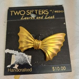 Two Sisters brand Brooch Bow Shaped asymmetrical  gold toned pin Handcrafted NWT